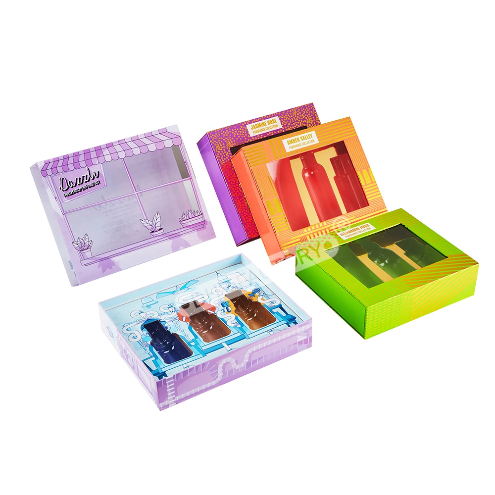Custom Full Colors Print Plastic PVC Fashion Cosmetics Set Trio Hair Perfume Kit Cardboard Drawer Sliding Boxes With Paper Tray