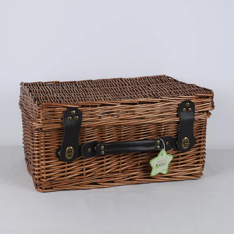 Wholesale rectangular willow rattan empty brown Christmas gift hamper box basket with lid