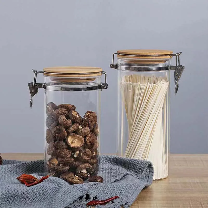 Wholesale Sealed Storage Glass Canister Airtight Storage Jar with Bamboo Lid Kitchen Pantry Container for Spaghetti Pasta