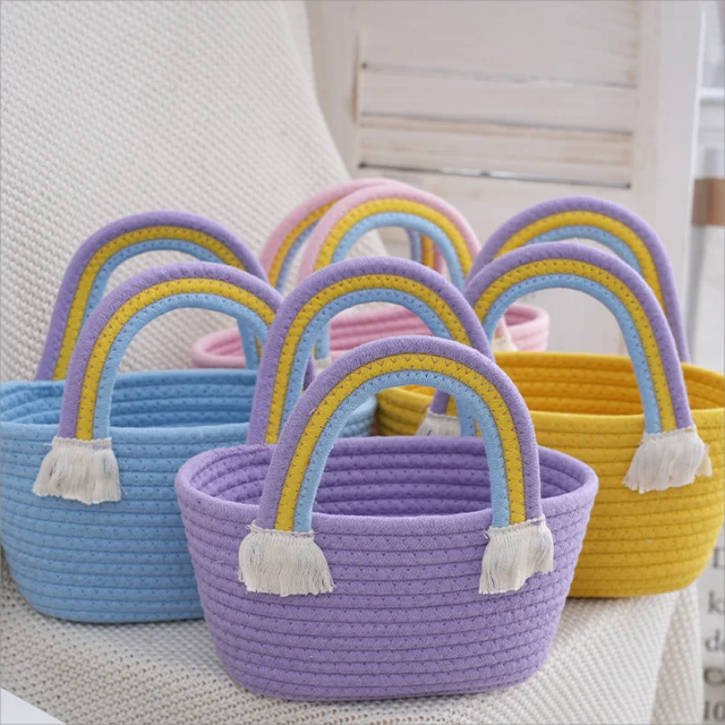 Woven Cotton Rope Basket Cotton Rope Handbag with Rainbow Handles Mini Tote Handbags Handmade Beach Bags