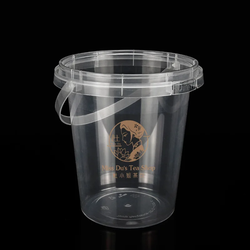 Wholesale disposable Boba Barrel with cover PP transparent plastic fruit drink bucket with handle