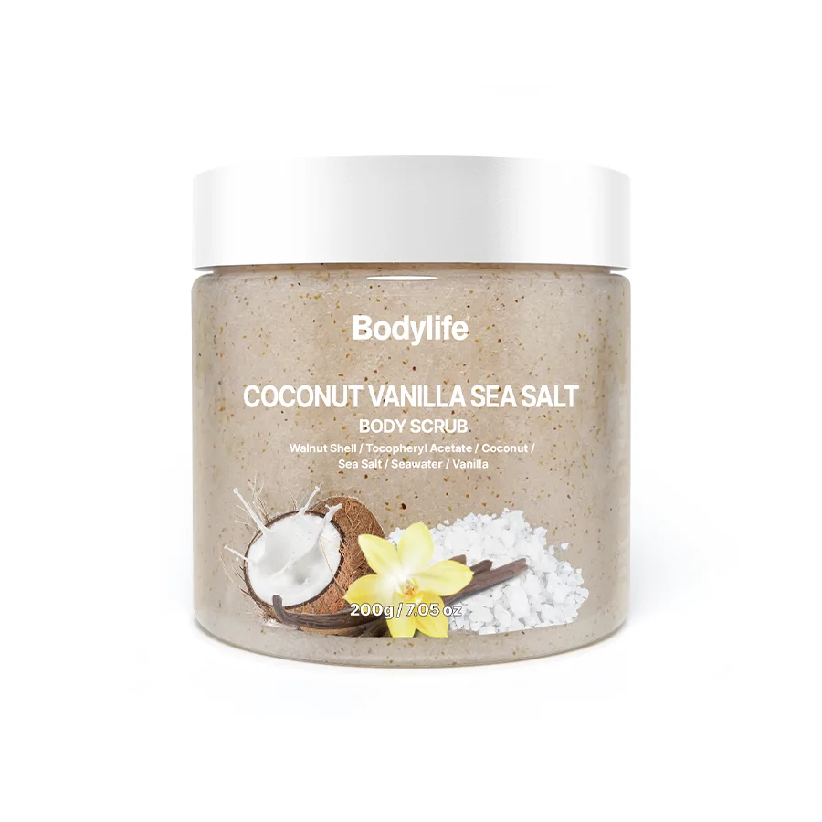 200g Organic Coconut Vanilla Exfoliating Whitening Gommages Corporels Sea Salt Face Body Scrub With Shea Butter Ingredients