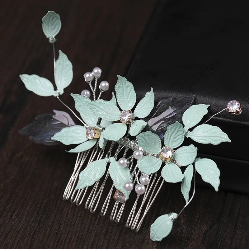 European bride handmade soft clay woven flower leaves and Pearl ornament hair comb
