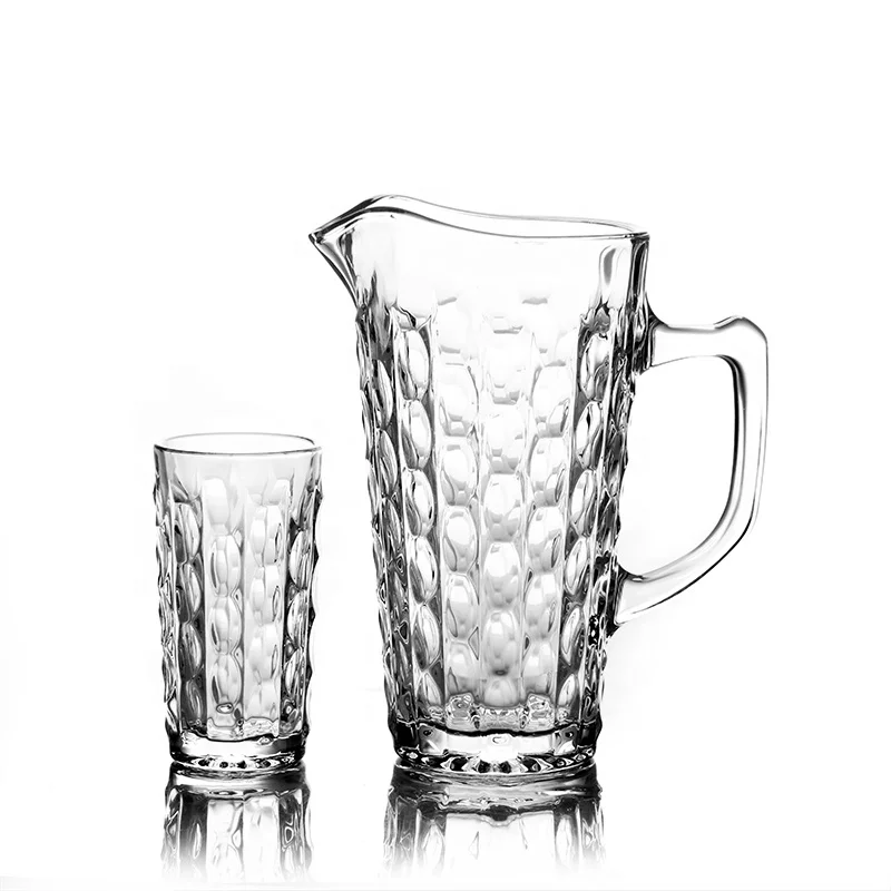 Factory popular high end curved water juice drinking chess set 7pcs glass jug set with gold rim pitcher drinking glass set