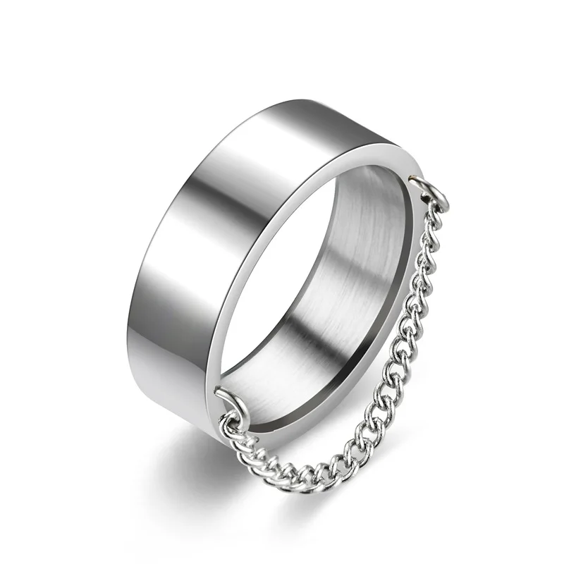 High Quality New Punk Style Wide Plain Blank Stainless Steel Silver Plated Finger Rings with Chain Links for Men Women