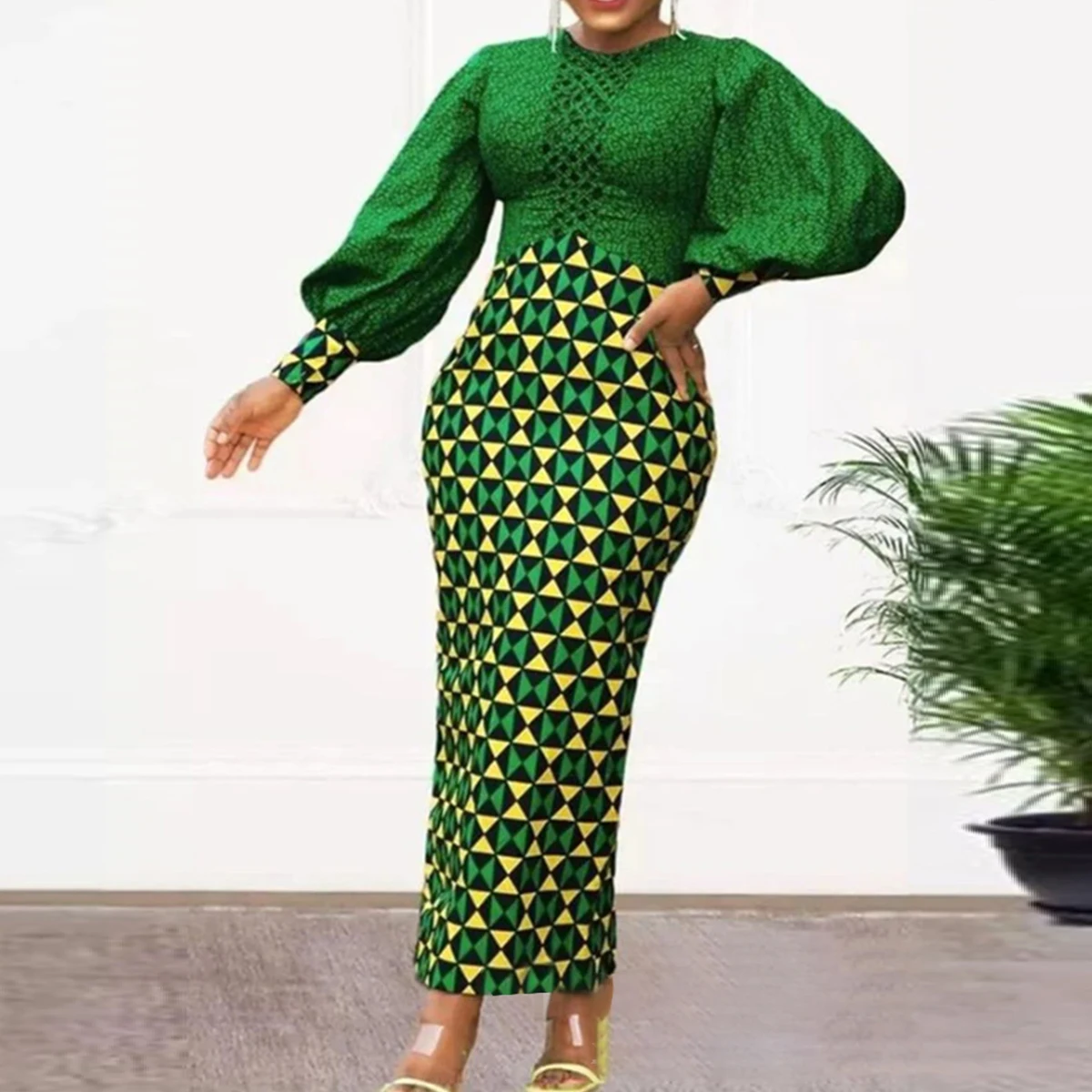 Fall Long Christmas Party Elegant Green Plus Size Women Printed Dress