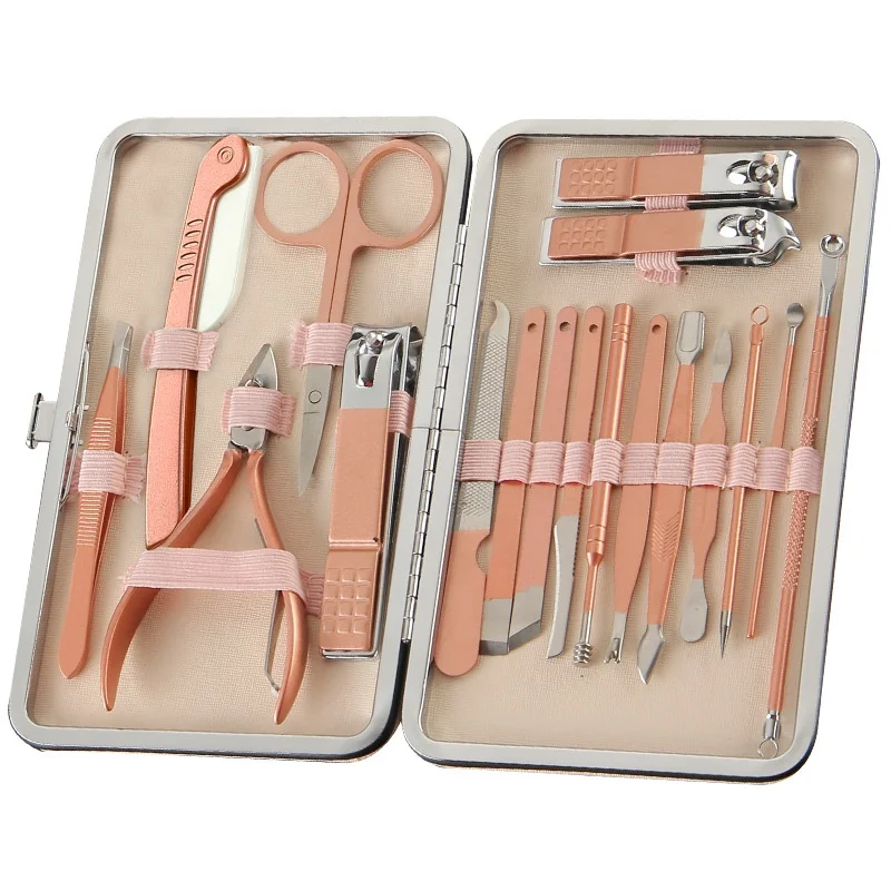 18 Pcs Rose Stainless Steel Nail Clipper Cutter Trimmer Ear Pick Grooming Kit Manicure Set Pedicure Toe Nail Art Tools Set Kits