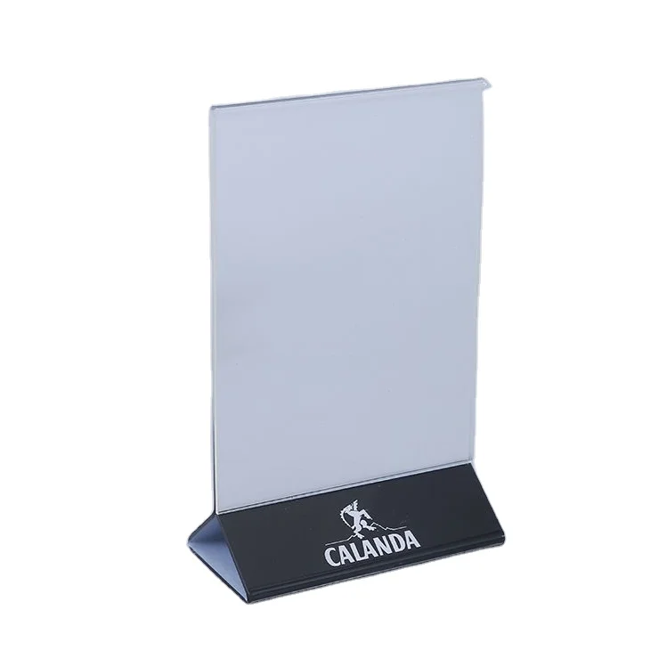 Factory wholesale acrylic menu holder for table menu display with triangle base and double sides logo