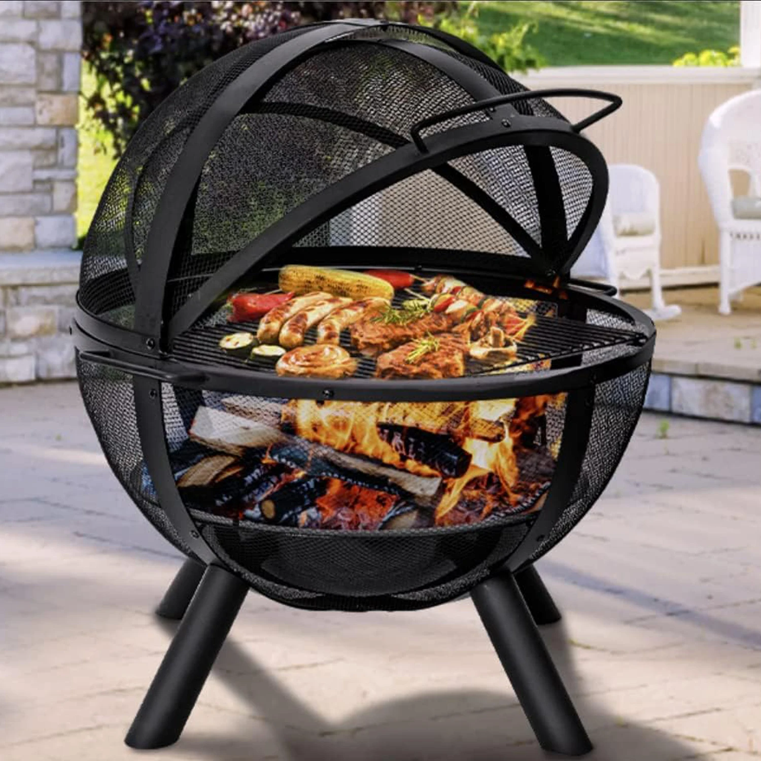 Multifunctional Outdoor Wood burning Camping Stove Grill Barbecue with Spark Screen Indoor Round Portable Iron Warm BBQ Stove