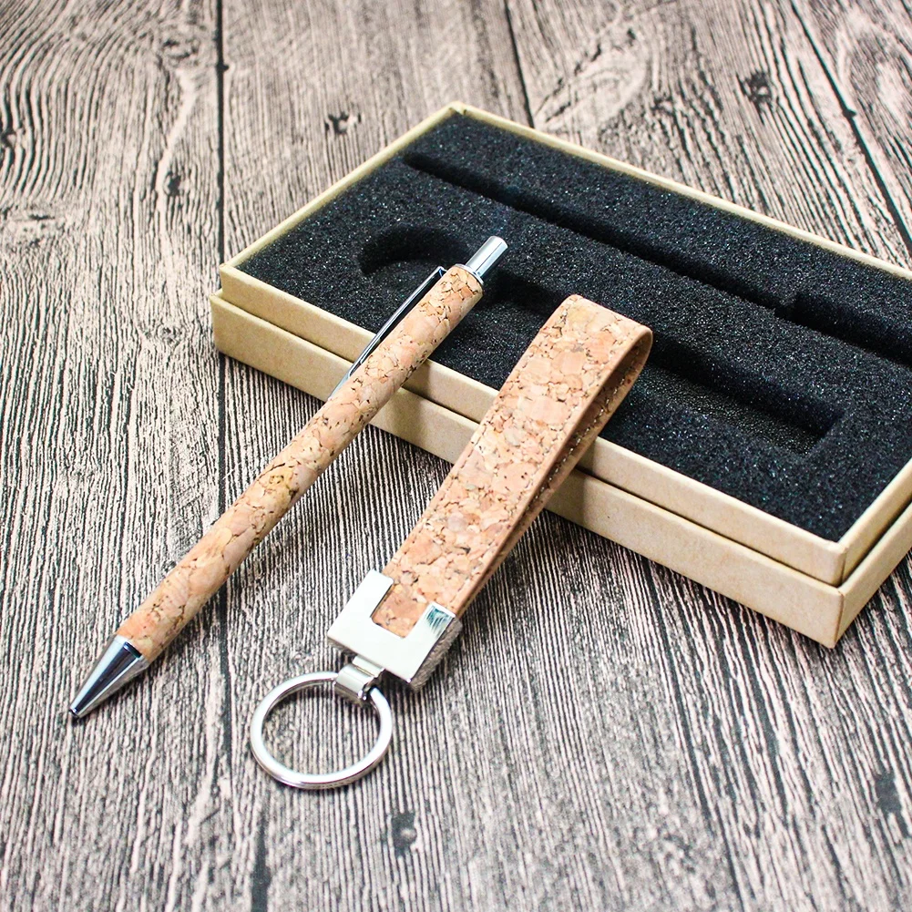 Boshiho Promotional office signature cork ball-point pen keychain gift set with custom recycled cork pen gifts for business