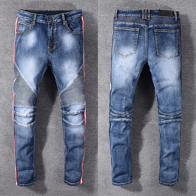 Fashion side stripe mens denim jeans dropshipping stock funky blue jeans for man