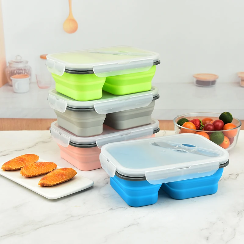 New Foldable Portable 2 Components Silicone Bento Box Durable Convenient Use Lunch Box Vegetables Fruits Storage Container