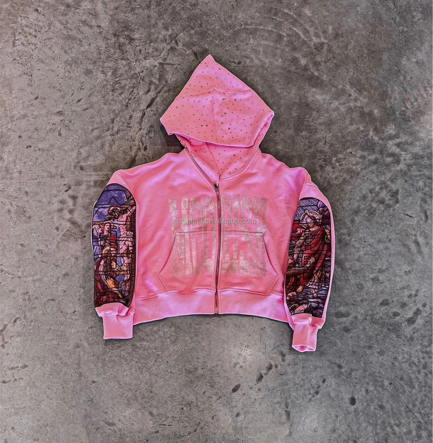 2025 Custom Manufacturer Heavyweight Streetwear Sun Fade Hoodie Acid Wash Hoody Rhinestone Hoodies