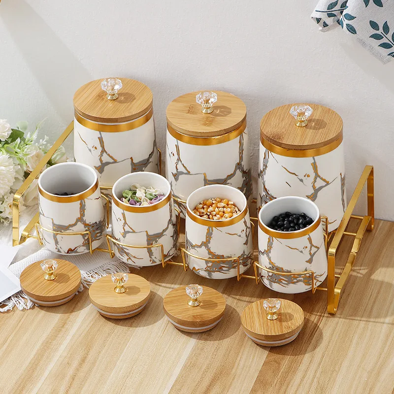 Wholesale Luxury Gold Marble Container Set Seasoning Condiment Jars Set Kitchen Ceramic Storage Jar