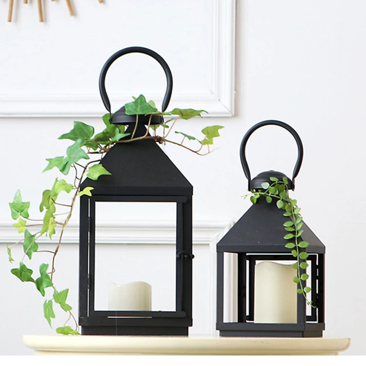 Set of 4 Black Metal Frame Square Different Sizes Glass LED Wedding Event Decor Patio Candle Lantern