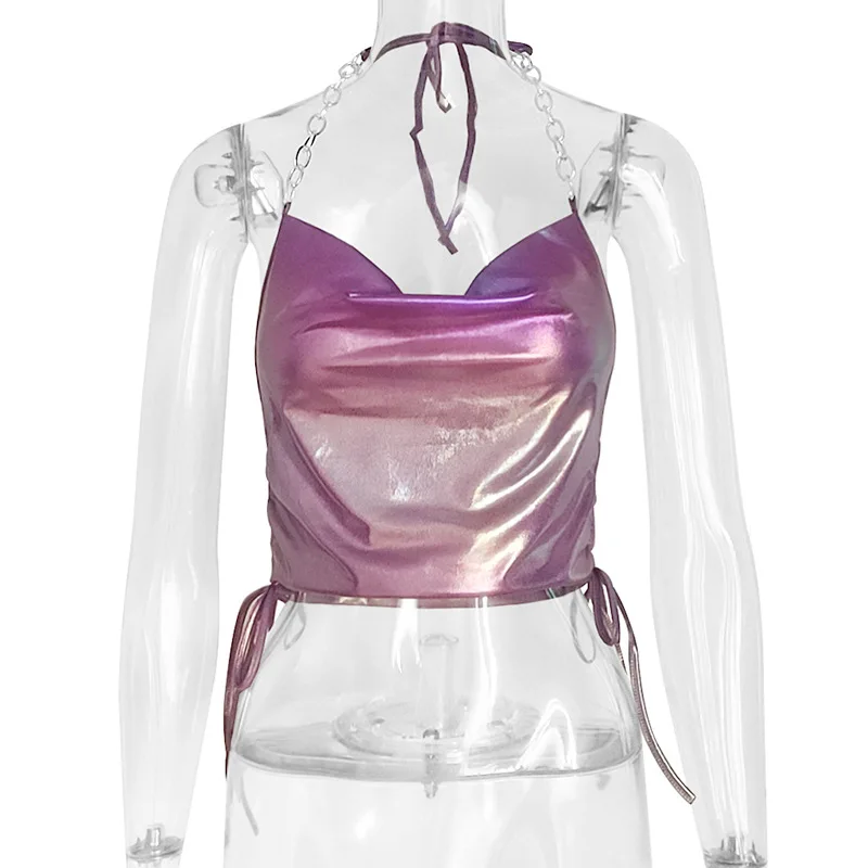 XQM Summer Contrast Color Stitching Purple Vest Sleeveless Halter Top Slim Backless Vest Women