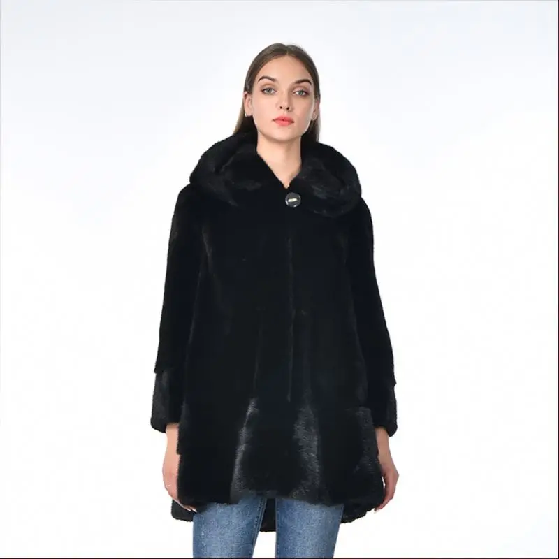 Premium Fashionable Elegant Puffy Plus Size Woman Genuine Long Mink Coat With Hood