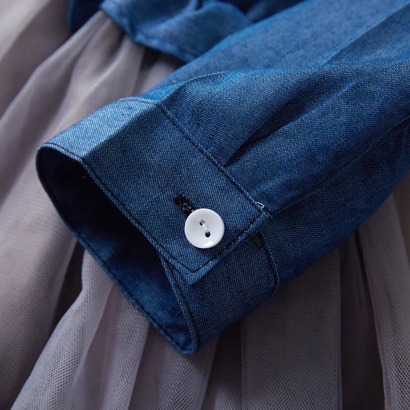 Hot Sale Spring Baby Girls Kids Clothing Solid Long Sleeve Denim Lace Dress Princess Dresses Cotton For Children Clothes Dress