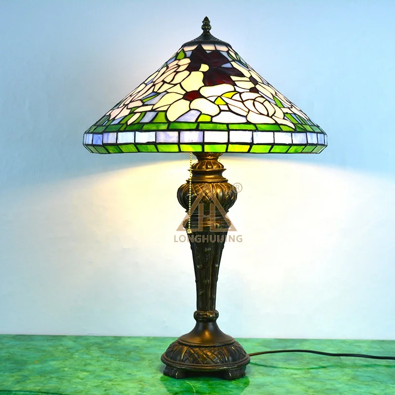 LongHuiJing Tiffany style stained glass table lamp 16Inch lampshade dragonfly LED E27 bulb decor desk lights