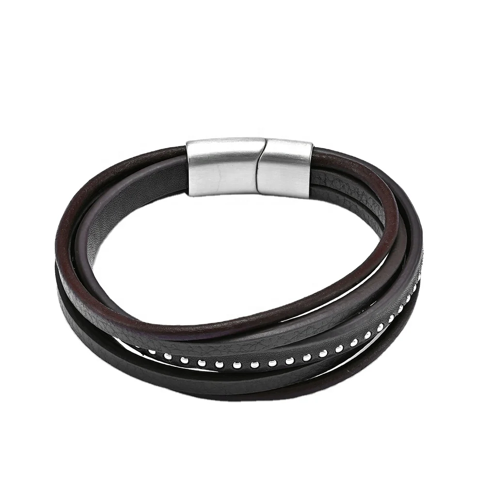 Alin New Braided Multi-Layer Genuine Leather Bracelet Men Stainless Steel Brown Leather Bracelet