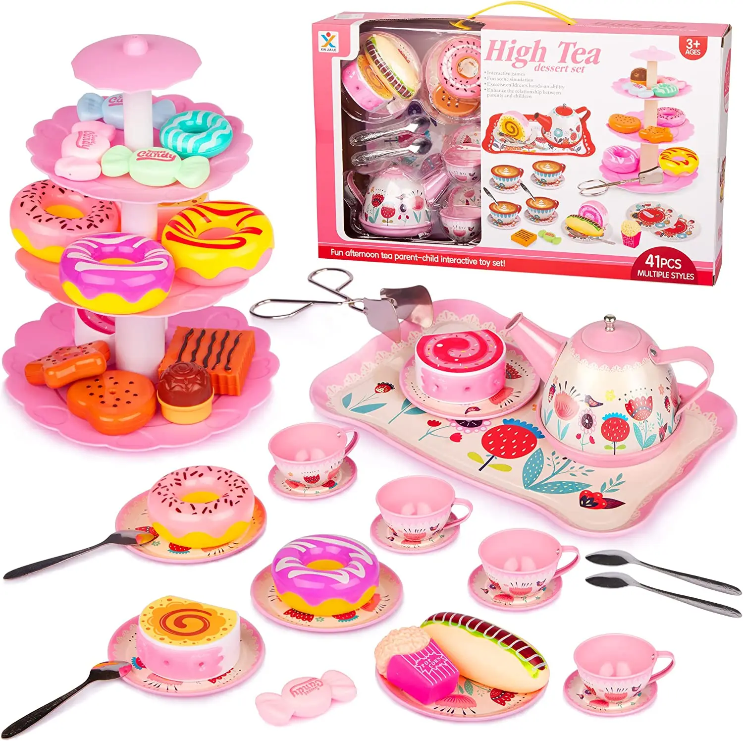 Tea Party Set for Little Girls Princess Tea Time Toy Including Dessert,Cookies,Doughnut Teapot Tray Cake Kids Kitchen Pretend