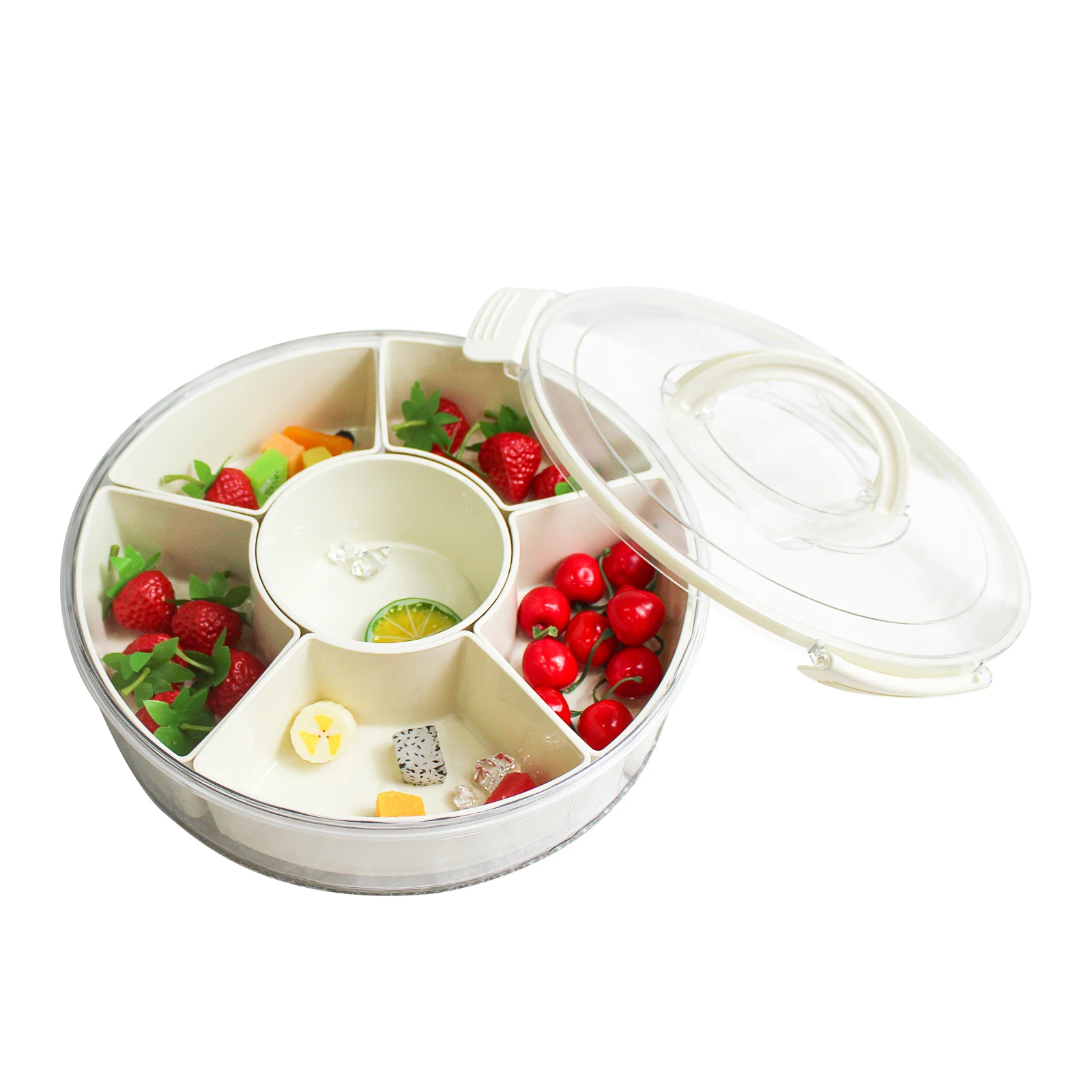 Round Divided Veggie Serving Tray With Lid And Handle Portable 6 Compartment Fresh Keeping Food Storage Snack Box Container