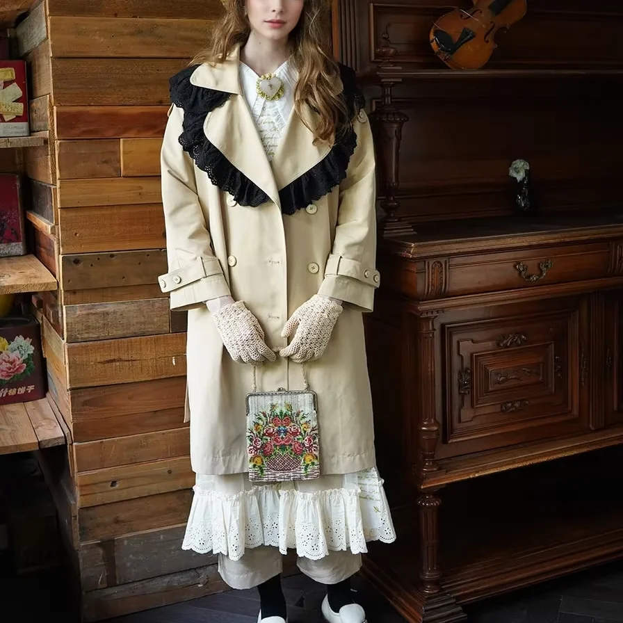 Высококачественная Элегантная мода Хаки Петер Воротник Кружева Сращивание двубортный женский свободный длинный плащ куртка