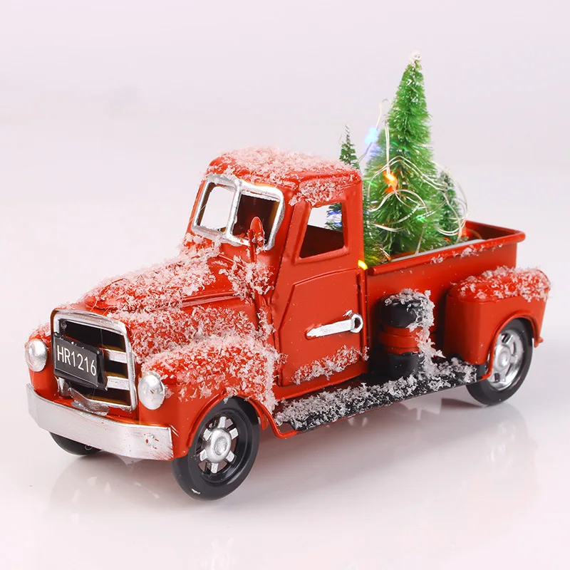 Christmas Toys Vehicle Vintage Red Truck Decor Handcrafted Red Metal Truck Car Model for Christmas Thanksgiving Decoration