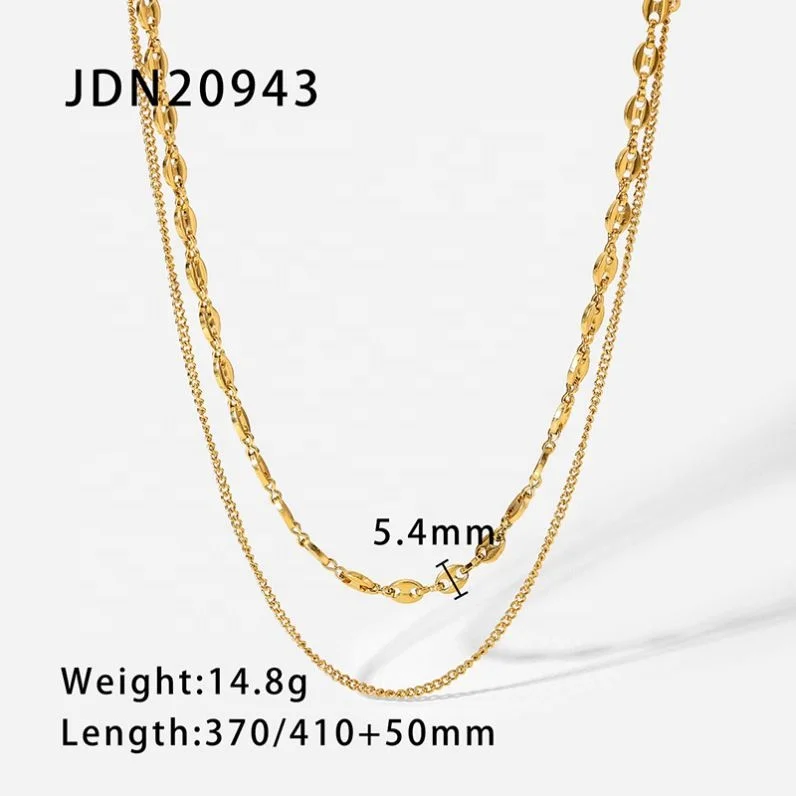 New Simple Double Layer Chain Link Chocker Women Jewelry 18K Gold Plated Stainless Steel Necklace