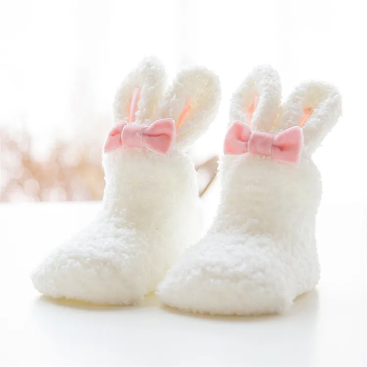Wholesale cold winter warm thicken baby socks coral wool cartoon rabbit non-slip baby floor socks newborn baby socks