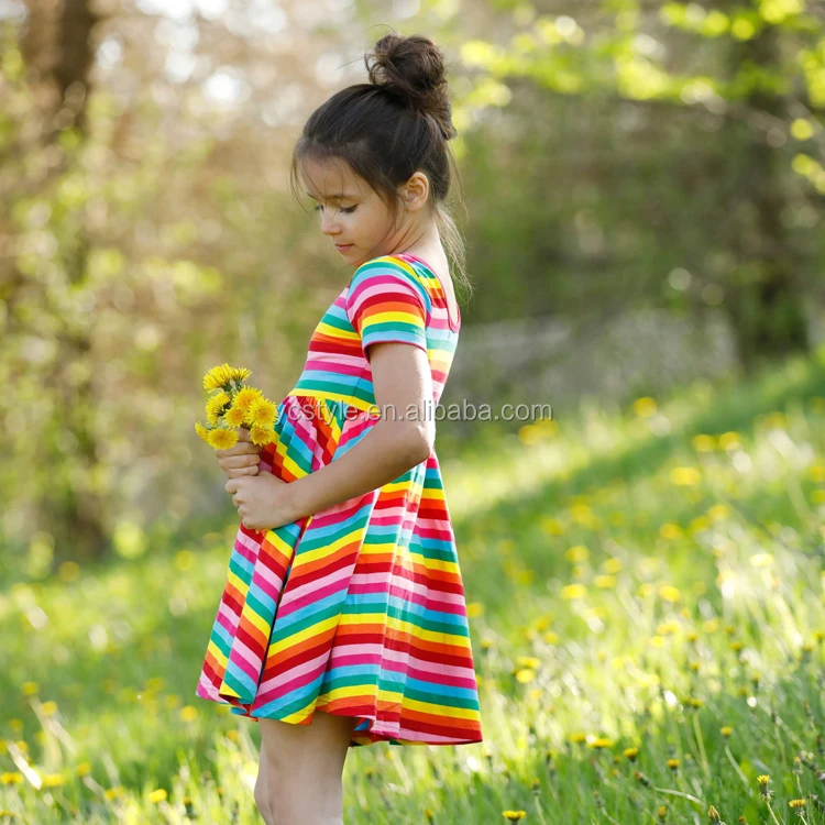 Cheap Prices Boho Design Rainbow Print Baby Girls 100 Cotton Dresses