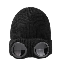 Winter Knit Hats Warm Sunglasses Knitted Cap Unisex Ski Cycling Sports Beanie Hats With Glasses