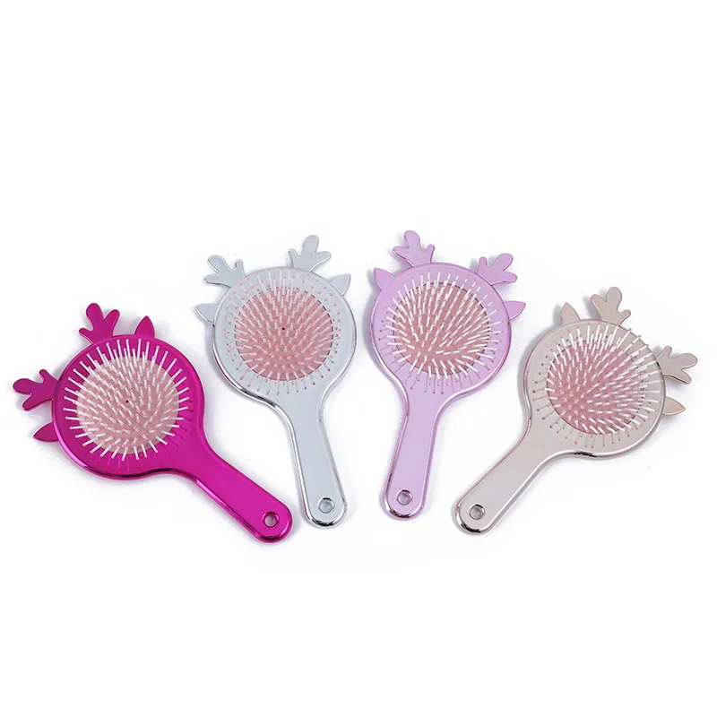 Hot Selling Plastic TPR Deer Antler Compact Mini Electroplated Antler Hairbrush Cartoon UV Painting Hair Styling Brush