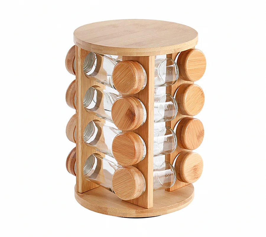 Rotating Round or Square Bamboo Wood Countertop Spice Rack with 16 Glass Jars and Wooden Lids