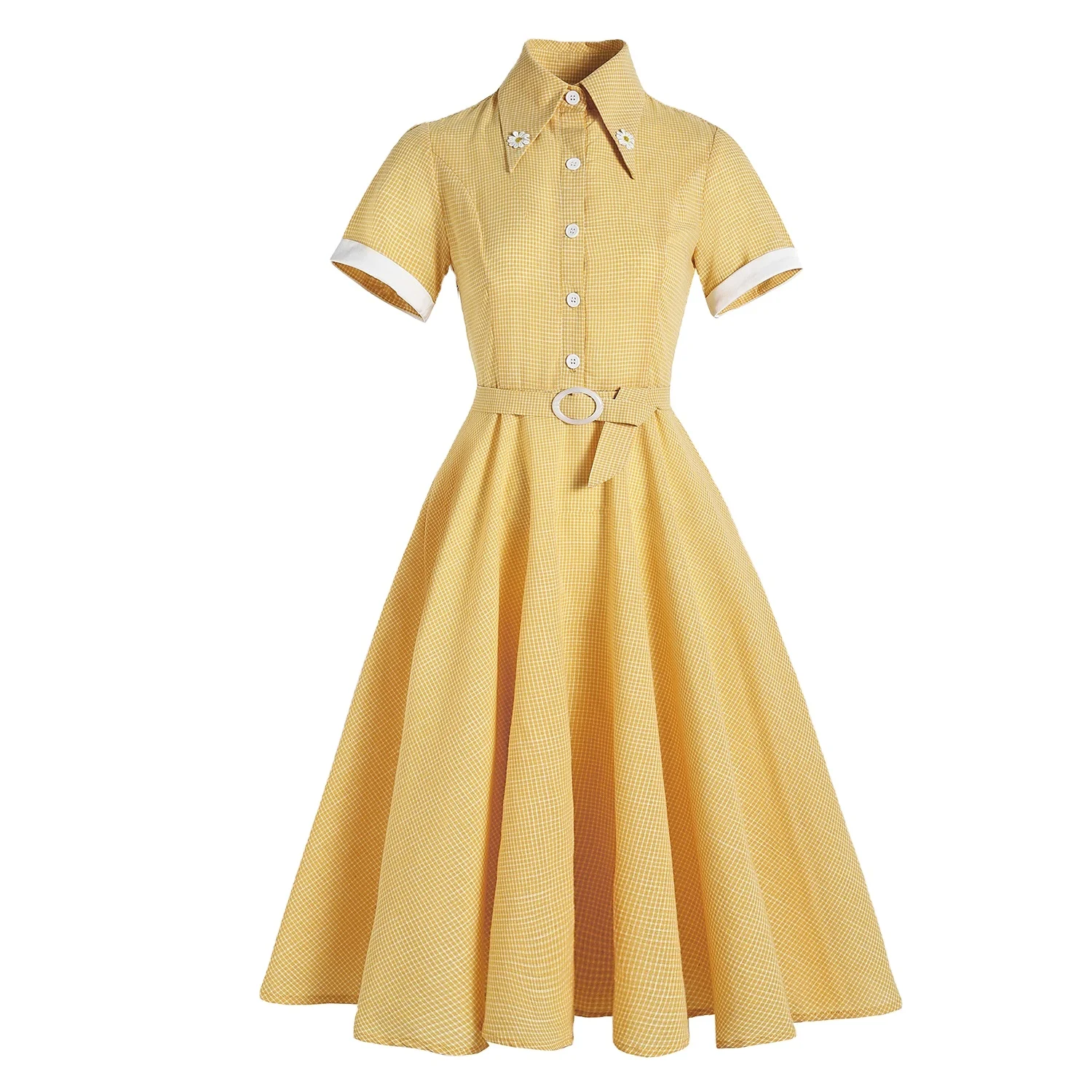 English shirt collar short-sleeved tie shirt swing skirt mid-length retro dress Europe and America