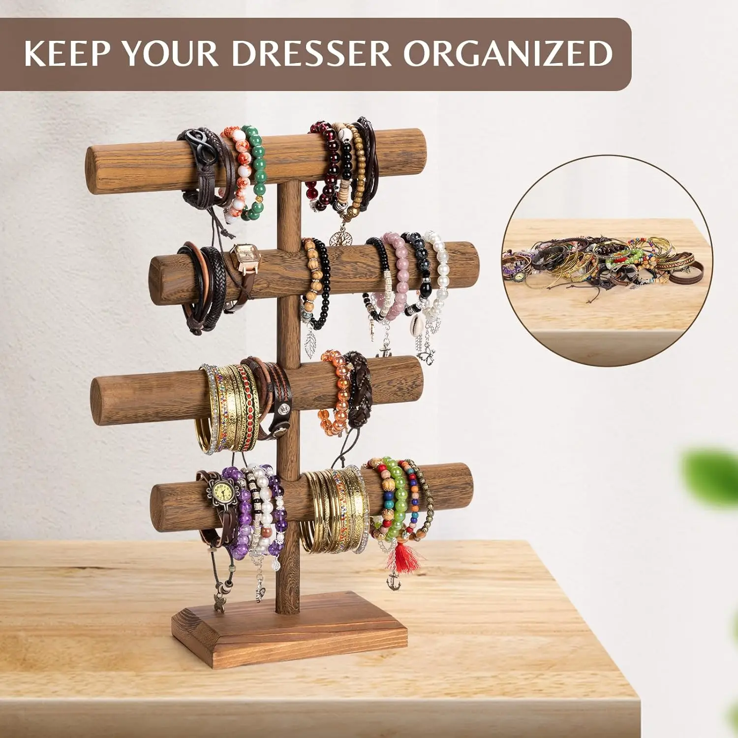 Brown Stained Wooden with Gold Tone Aluminum Rods Necklace Bracelet Jewelry Display Stand