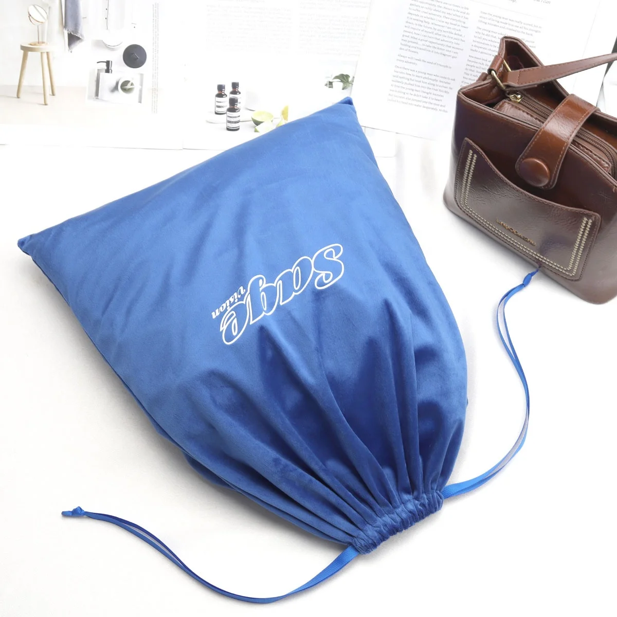 Custom Logo Printing Velvet Drawstring Shoe Clothes Shopping Bag Super Soft Flannel Wedding Gift Packing Dust Velvet Pouch Bag