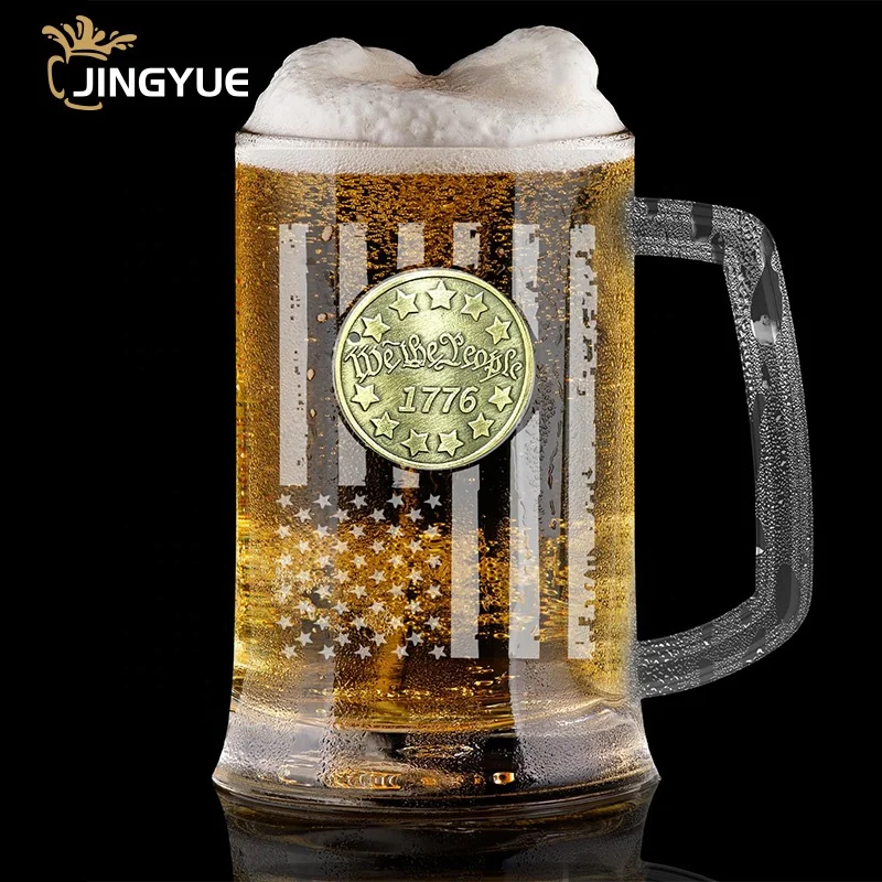 Custom Metal Logo Frozen Beer Stein Mugs Heavy Freezer 17 Ounce Glass Beer Glasses with Handle For Bar Alcohol Beverages