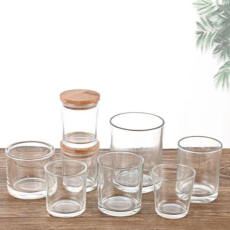 Custom made empty in bulk glass candle vessel jar container clear large for candles with wooden lid top