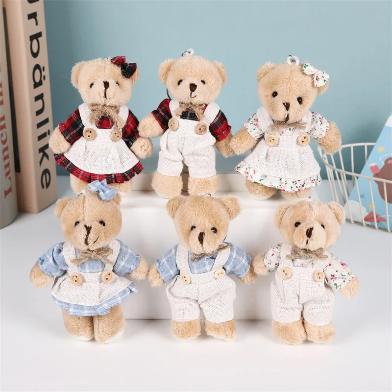 Cute Lovely Floral Cloth Flax Teddy Bear Dolls Toys Plush Keychain Couple Bear Keyring Lovers Friends Gift Bag Pendant Charm