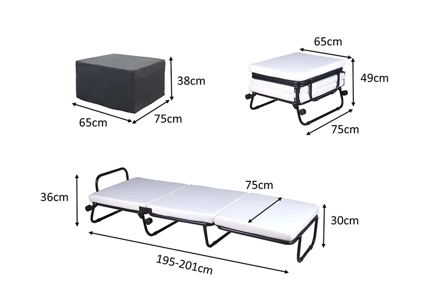 Hotel Furniture Metal Three Fold Roll-away Space Saving Single Ottoman Folding Extra Bed With Wheels
