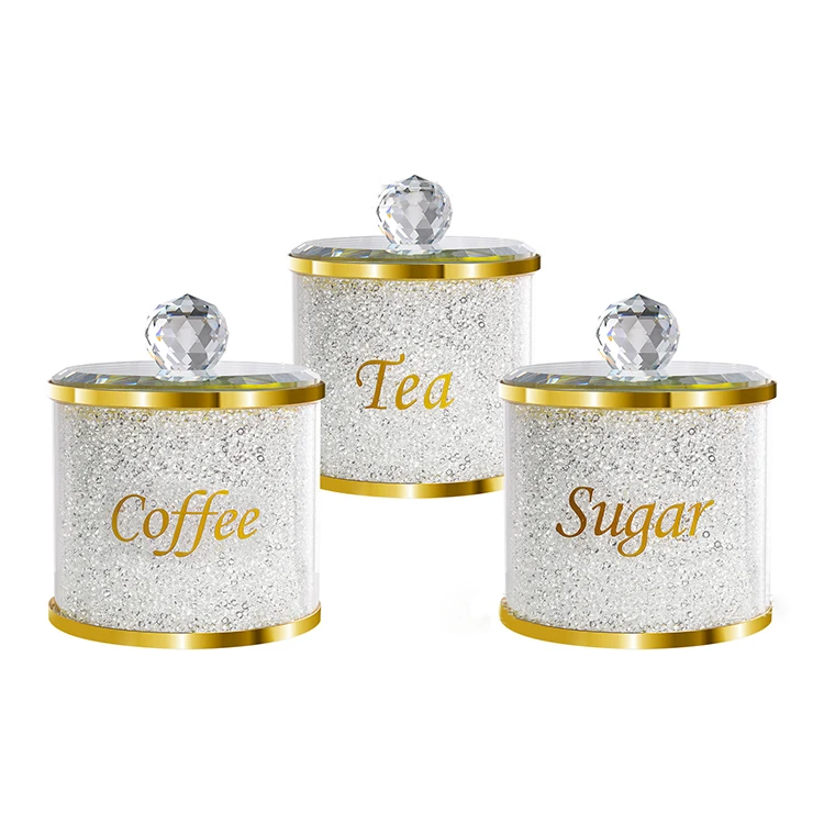 Newest Modern Airtight Crystal Gold Coffee Food Storage Bottle With Lid Glass Tea Sugar Candy Storage Jar Set