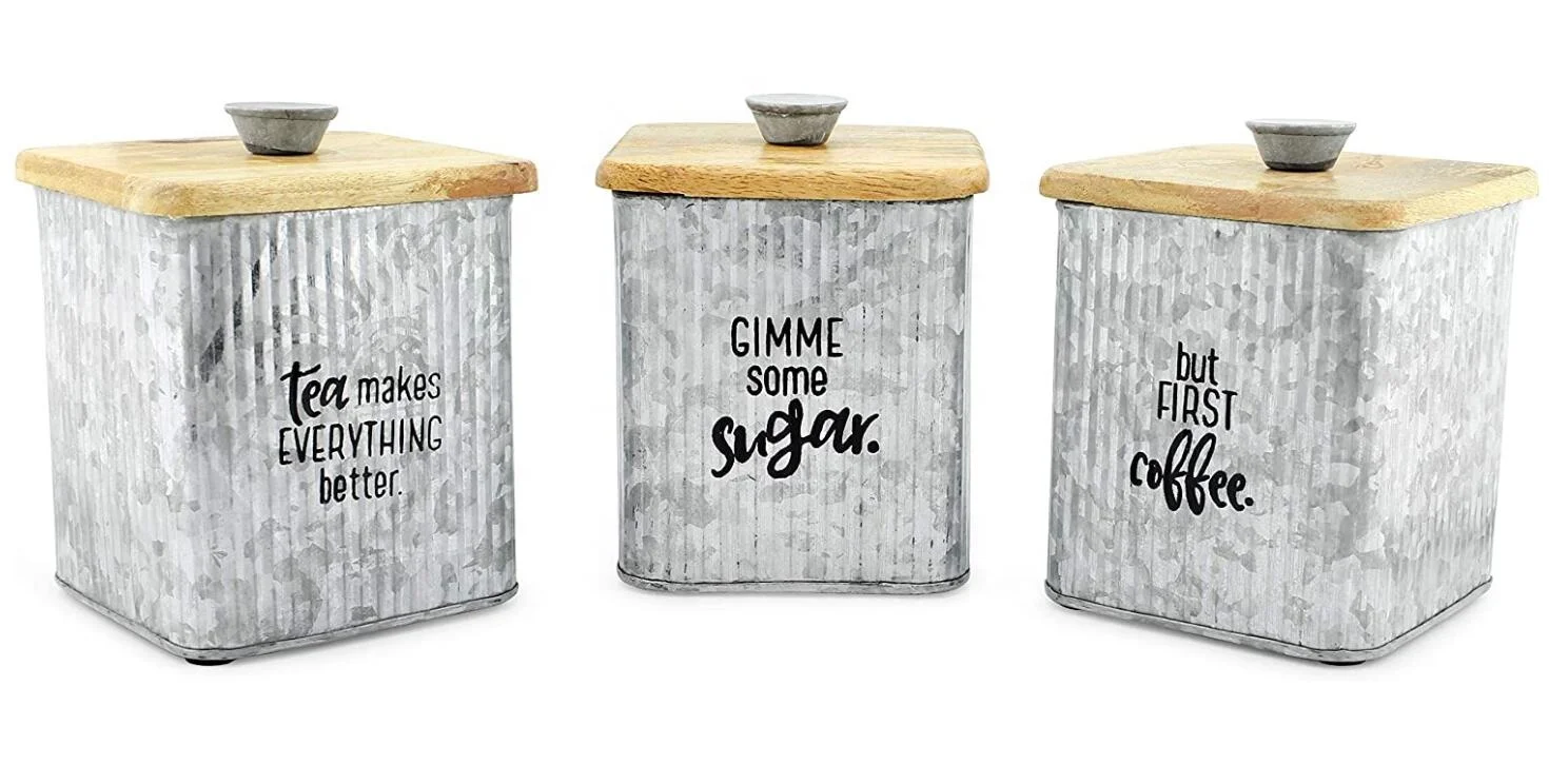 Farmhouse Galvanized Canisters Set of 3 Storage Containers for Coffee and Tea and Sugar in Galvanized Iron and Wood Design