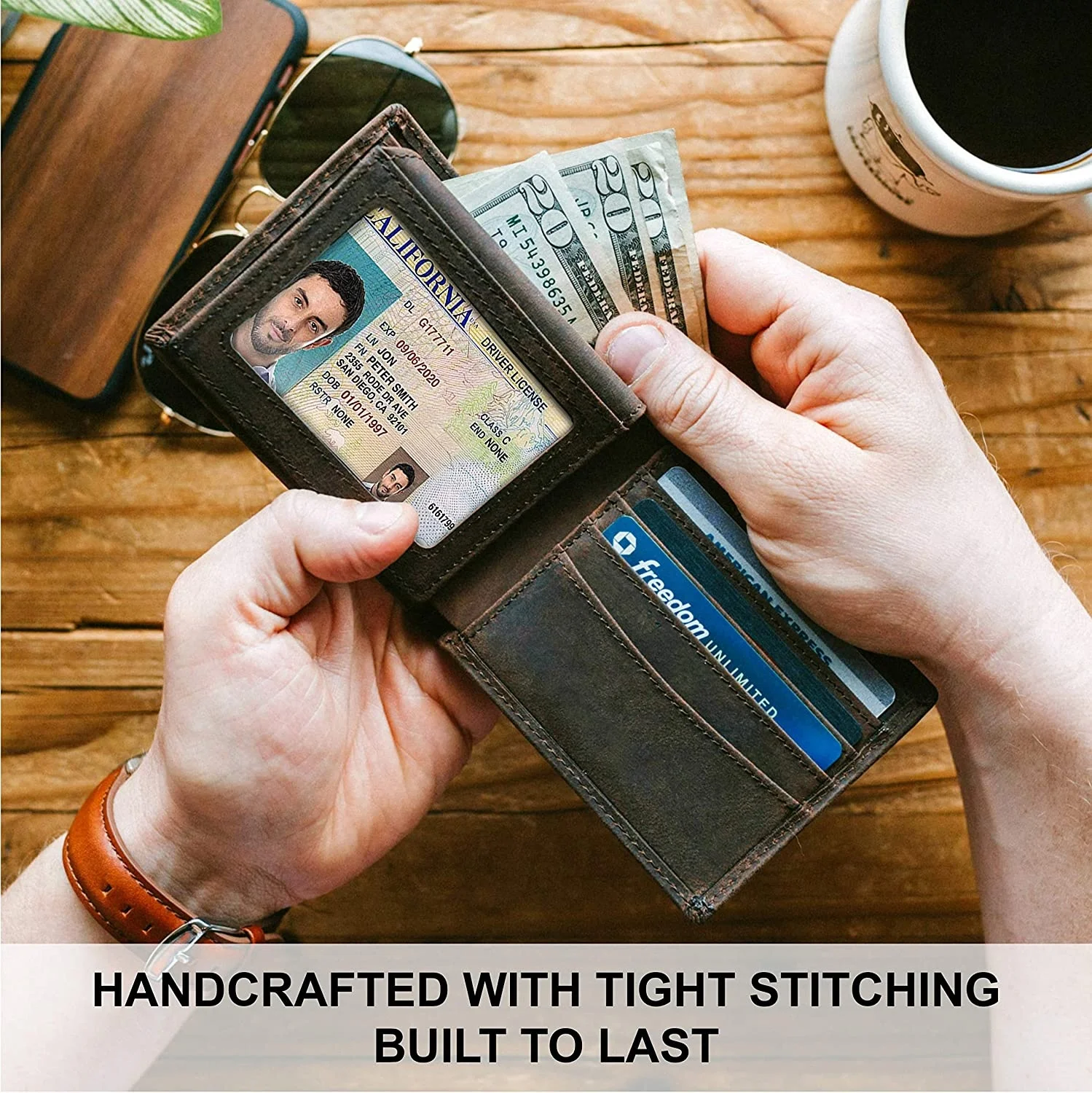 Top Grain Leather Wallet for Men RFID Blocking Extra Capacity Bifold Wallet with 2 ID Windows Ultra Strong Stitching