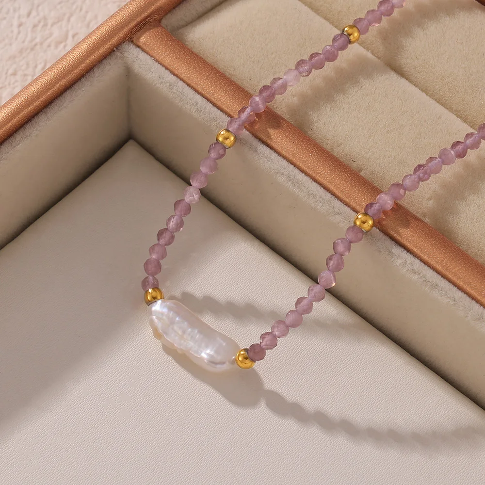 Baroque fashion new cut natural stone necklace colorful personality beaded titanium steel plated 18k gold clavicle chain