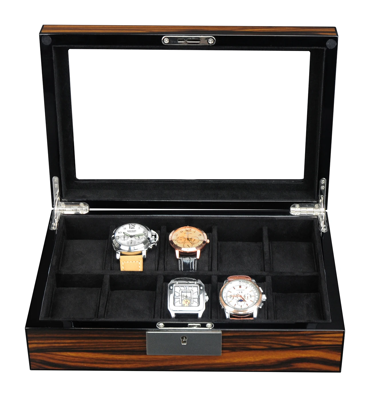 Luxury and Handmade 10 Slots High Gloss Wooden Watch Display Box with Key Lock Set and Window for Watch Collectors
