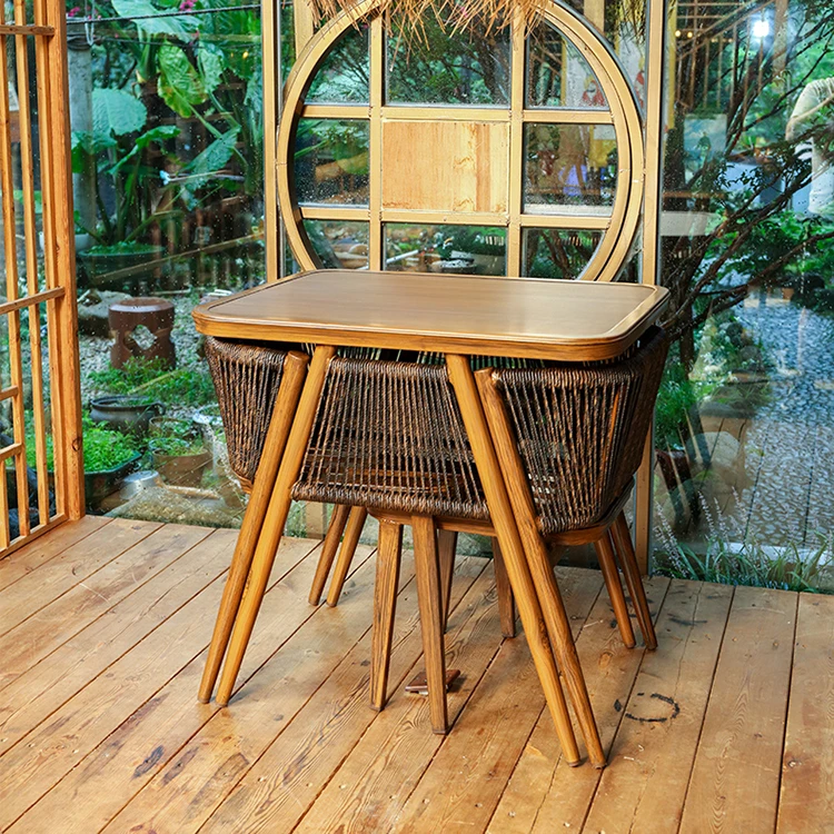 All Weather Outdoor Patio Metal Frame Rope Bistro Furniture Set Dining Chair Table