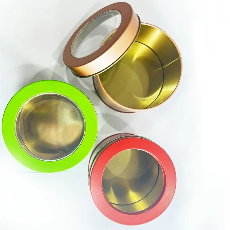 Оптовая продажа 10 х7 см Золотая зеленая круглая металлическая жестяная коробка для часов ювелирных изделий банка с прозрачной крышкой окон