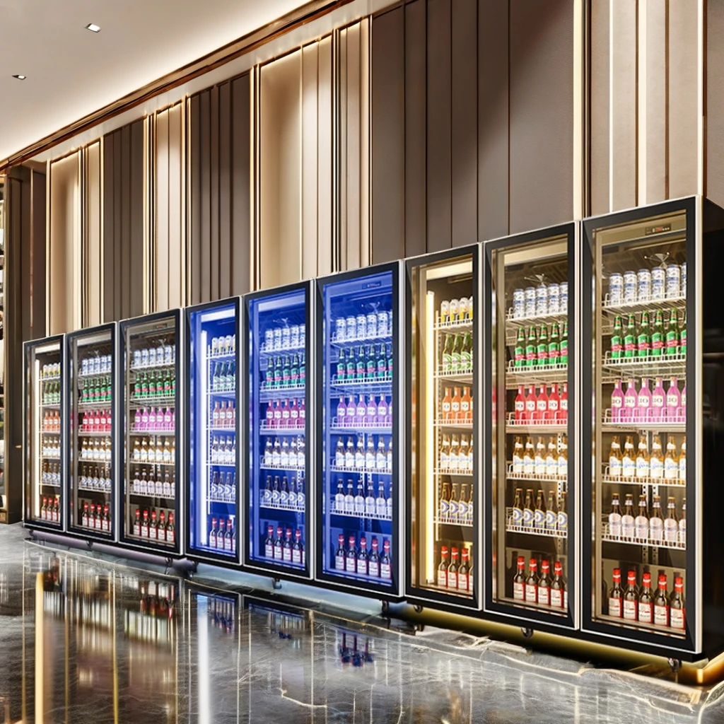 Supermarket shopping mall black and white full screen glass door upright beverage display refrigerator wine display chiller