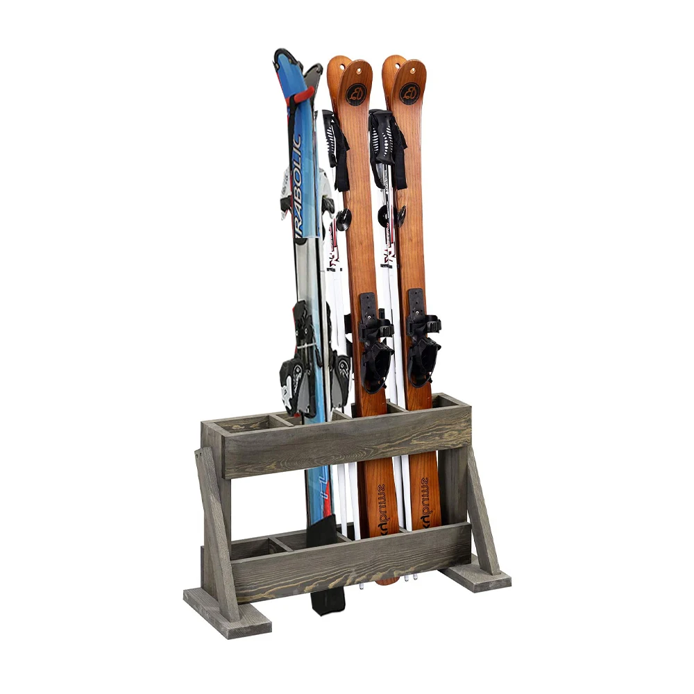 Vintage Freestanding Wood Ski and Snowboard Vertical Storage Rack Wood Ski Poles Display Stand